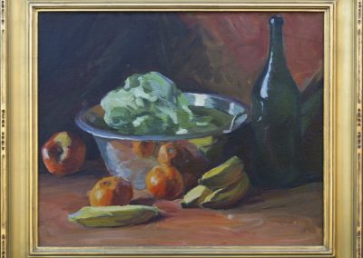 Still Life with Oranges, Bananas, Bowl of Greens, and Wine Bottle